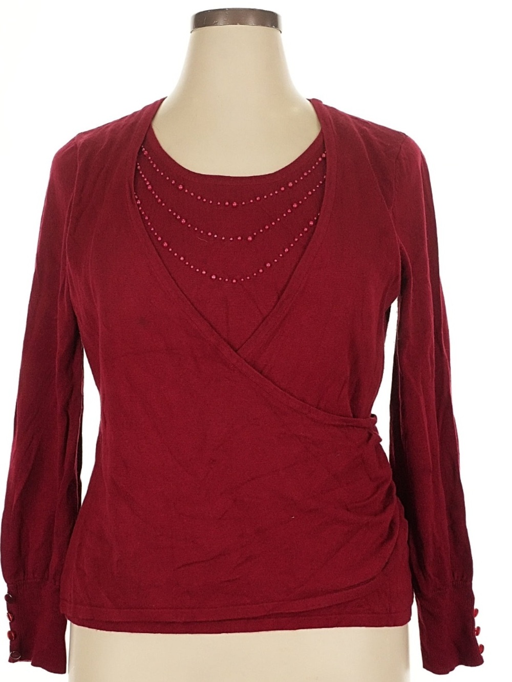Apt. 9 Women's Deep Red Long-Sleeve Faux Wrap Top with Beaded Neckline
